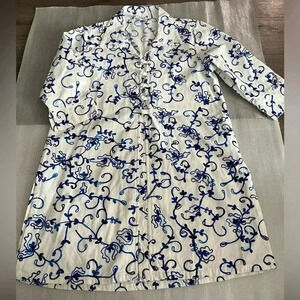 [S] April Cornell Blue Embroidered White Cotton 1/2 Sleeve  Tunic Dress Blouse